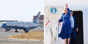 A collage photo of Air Force Two parked at the Jomo Kenyatta International Airport on Friday, February 24, 2023 (left) and Jill Bidel alighting from the Air Force Two on February 24, 2023 (right).