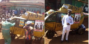 Photo collage of Jim Mbogo and his homemade built chopper like wheelbarrow