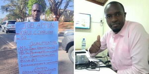 A photo collage of Jobless Master's holder Cheruiyot Kirui appealing for a job on the streets of Nairobi in January 2023 (left) and him gesturing a thumbs up inside an office in December 2021. 