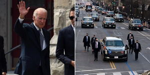 Photo collage between US President Joe Biden and his convoy