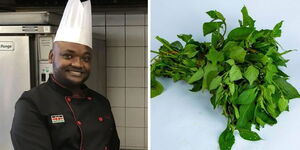 Photo collage between a Kenyan chef based in Canada and Managu vegetables