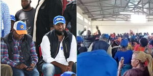 A collage image of Mombasa governor Ali Hassan Joho together with Junet Mohamed (left) and Azimio supporters jeering at the meeting in Busia County on August 3, 2022.