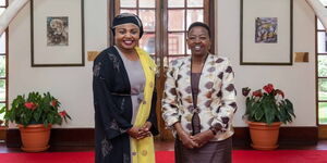 Journalist Mwanaisha Chidzuga (left) and First Lady Rachel Ruto on Tuesday March 21, 2023