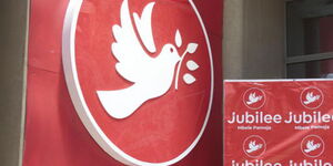 A photo of the rebranded Jubilee party logo at their former headquarters in Pangani, Nairobi county.