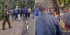 Rowdy youth being dispersed at the Jubilee Party HQ on April 26, 2023 (left) and Jubilee DG Jeremiah Kioni interacting with police over the fence (right).