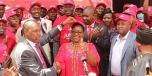 Former Water and Sanitation CS Sicily Kariuki being welcome to the Jubilee Party by Ndaragua MP Jeremiah Kioni in March 2022.