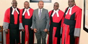 From Left: Justice Aggrey Mchelule, Justice Joel Ngugi, Judiciary staff and  justice Weldon Korir (first from right) ahead of the swearing-in ceremony at State House on Wednesday, September 14, 2022