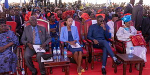 From left: John Obare, Dr Judy Githinji, her husband Michael Magoha and Barbara Magoha during the burial of the late Education CS George Omore Magoha on Saturday February 11, 2023