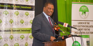 Attorney General Justin Muturi making his remarks during IEBC post-election evaluation report launch held at Safari Park Hotel, Nairobi on January 16, 2023.