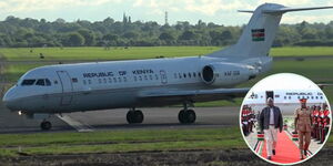 A photo of the presidential jet - KAF 308 parked on a runway and President William Ruto inspecting a guard of honour after alighting from the plane (in a circle).