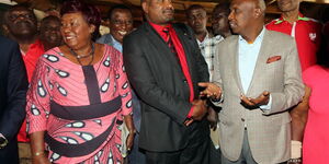 Left to right: former nominated senator Zipporah Kittony, Kanu secretary-general Nick Salat and the party's chairman Gideon Moi in Nakuru on February 23, 2017.