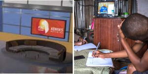 Photo collage between KBC TV Studios and students watching TV.