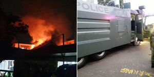 KBC headquarters on fire (right) and a police fire engine at the scene.