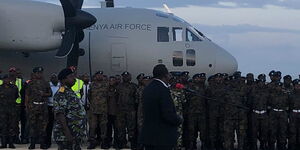 President Uhuru Kenyatta and army chiefs when they received the C-27J Spartan aircraft at the Embakasi Garrison, Nairobi on January 30, 2020.