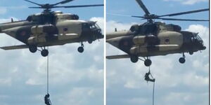 Photo collage of Kenya Defence Forces (KDF) soldiers fast-roping from a military chopper 