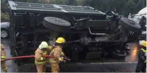KDF truck overturned along the Nakuru-Eldoret Highway on Thursday October 6, 2022.