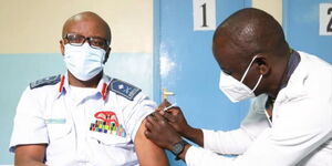 Commander Kenya Air Force (KAF) Major General Francis Ogolla on Wednesday, 10 March 2021, taking part in the ongoing Kenya Defence Forces (KDF) COVID -19 vaccination exercise at Moi Air Base (MAB) in Nairobi.