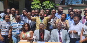 KMPDU Secretary General Davji Bhimji (centre) and other officials address the media at Lake Naivasha Resort, Nakuru County on January 13, 2023.