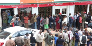 A photo of residents queueing outside the Kenya Revenue Authority (KRA) office in Nyeri in June 2017 ahead of the deadline to file their tax returns.