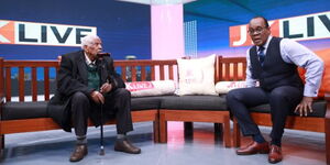 Mau Mau veteran Gitu wa Kahengeri (left) and TV presenter Jeff Koinange (right) on the JKL show on Citizen TV on Wednesday, May 31, 2023.