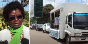 A side-by-side image of former principal Gichoga Gacheri and a roadshow truck leading a motorcade heading to Kaaga Girls High School on March 8, 2023.