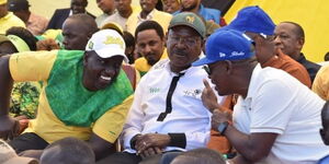Deputy President Willian Ruto, Bungoma Senator Moses Wetangula, and Tujibebe Wakenya Party leader William Kabogo at rally on March 12, 2022.