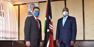 US Ambassador Kyle McCarter and Health CS Mutahi Kagwe after a meeting on August 25, 2020