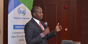 Royal Media Services (RMS) Group Editorial Director Linus Kaikai addresses the audience during the launch of the report on The State of Press Freedom in Kenya on February 21, 2023. 