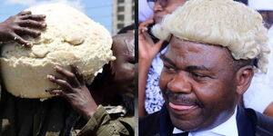 A collage of a man carrying Ugali with Ruaraka MP TJ Kajwang.