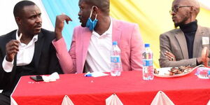 Kakamega Senator Cleophas Malala having a word with ODM Secretary General Edwin Sifuna when they met youths at Kakamega town. July 11, 2020.