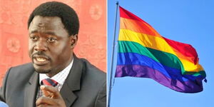 A collage photo of Homa Bay Town MP Peter Kaluma (left) and an LGBTQ flag (right).