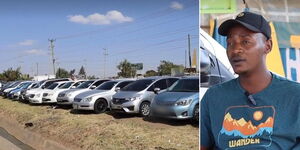 A photo collage of Shaq Motors Ltd car yard (left) and Kamau Kamaa 'Wa Tududuu' speaking during an interview (right).