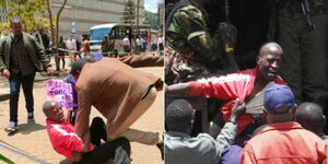 A collage image of Julius Kamau being arrested at the Treasury Building on April 7, 2022.