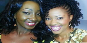 A photo of former Rauka show host Enid Moraa with the show's current host Kambua Manundu.
