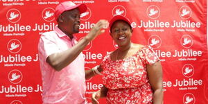EALA MP Kanini Kega (left) and nominate MP Sabina Chege (right) during a past event at Jubilee Headquarters.