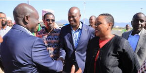 Deputy President Rigathi Gachagua shaking hands with East African Legislative Assembly (EALA) member Kanini Kega on Sunday, May 21, 2023. 