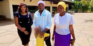 Viral boy Maina, Gospel musician Anita Alex(left), Philanthropist Karangu Muraya(middle) and Maina's mother(right) after receiving half a million from well-wishers on February 8, 2023