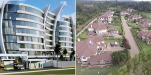 A collage photo of the Centre for Parliamentary Studies and Training building in Karen (left) and an aerial view of a section of  Karen Estate in Nairobi.