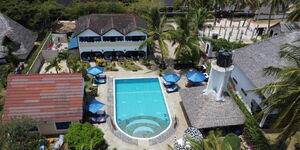 An aerial view of Karibu Palms Resort in Diani along the Indian Ocean. 