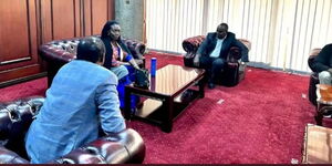 Azimio La Umoja presidential running mate Martha Karua with Suna East MP-elect Junet Mohamed and Wiper Party leader Kalonzo Musyoka at KICC on Saturday, August 13, 2022.