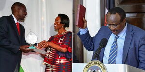 A photo collage of President William Ruto presenting an award to Martha Karua on November 26, 2016 (left) and Economic Advisor David Ndii taking an oath at State House on June 27, 2023 (right)