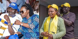 A collage image of Narc Kenya leader Martha Karua together with former Prime Minister Raila Odinga at a past rally (LEFT) and Kirinyaga Governor together with Deputy President William Ruto during her defection to UDA (RIGHT).