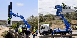 A photo collage of KeNHA engineers inspecting a bridge using the Bridge Inspection Vehicle (BIV) on March 10 2023.