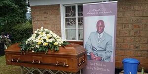 Ken Walibora's coffin during his burial service on Wednesday, April 22, 2020 at his Huruma village, Cherangany Constituency in Trans-Nzoia County