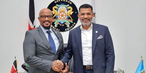 Kenneth Ambani posing for a photo with Mombasa Governor Abdulswamad Nassir after taking an oath of office on March 14, 2023.