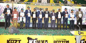 Kenya Kwanza alliance leaders displaying the agreements at KICC in a past event