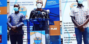 Kenya Medical Practitioners, Pharmacists and Dentists Union (KMPDU) Secretary-General Chibanzi Mwachonda addressing the media on April 13, 2020.