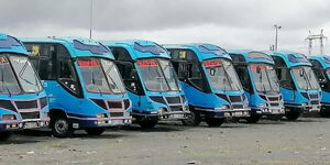 An image of a fleet of Kenya Mpya buses lined up for auction.