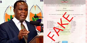 Kenya National Qualifications Authority (KNQA) Director-General Juma Mukhwana (left) and a fake KCSE certificate.