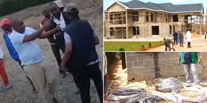 A photo collage of Kitui East Member of Parliament Nimrod Mbai assaulting a Kenya Power official (left) and his home being raided by cops in Kitengela on July 4 2023 (right).